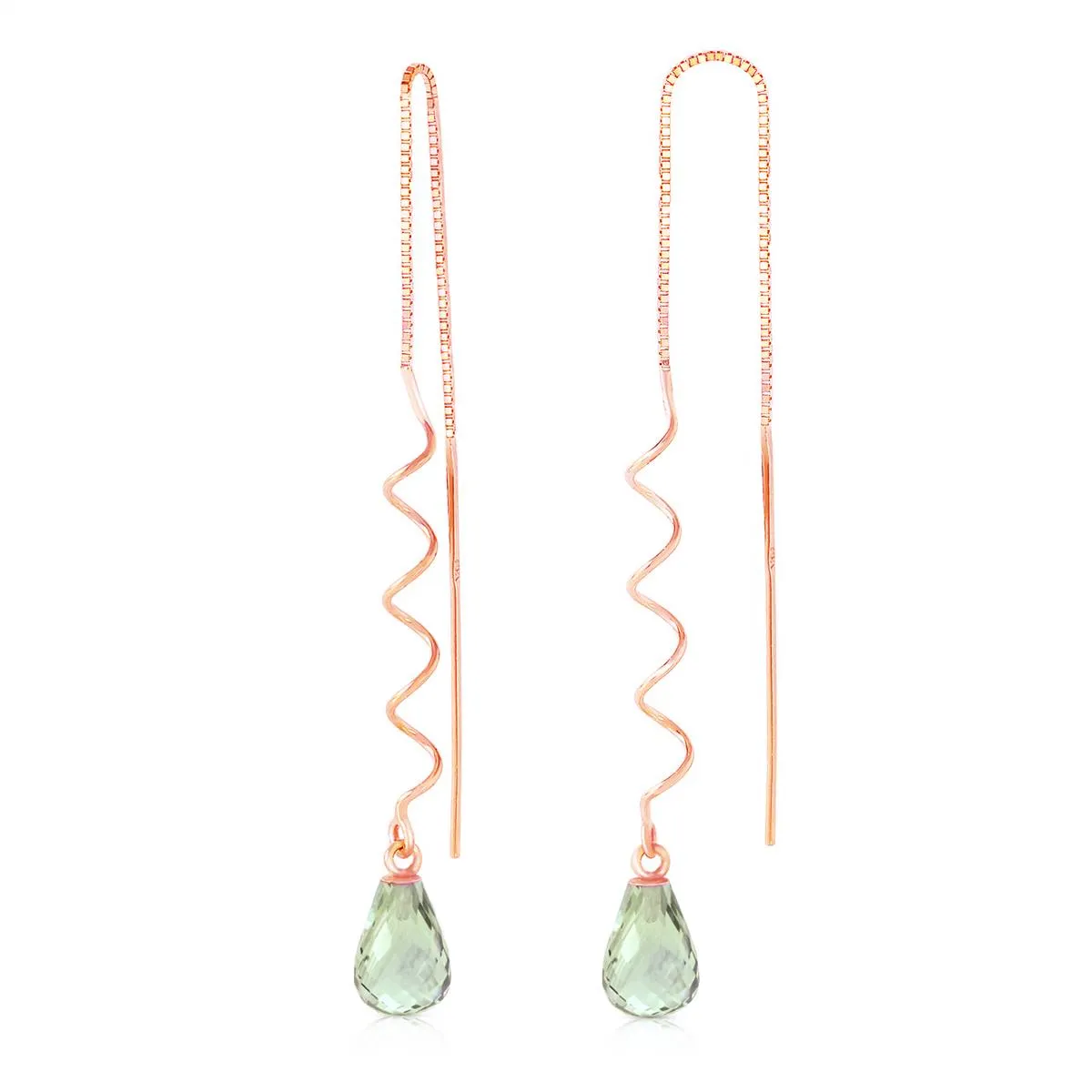 14K Solid Rose Gold Threaded Dangle Earrings w/ Green Amethyst