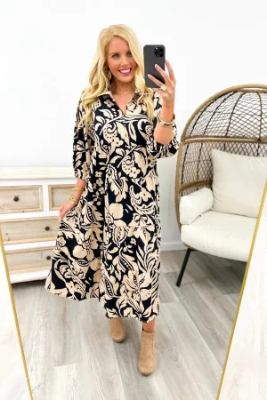 Black Floral Print Midi Dress