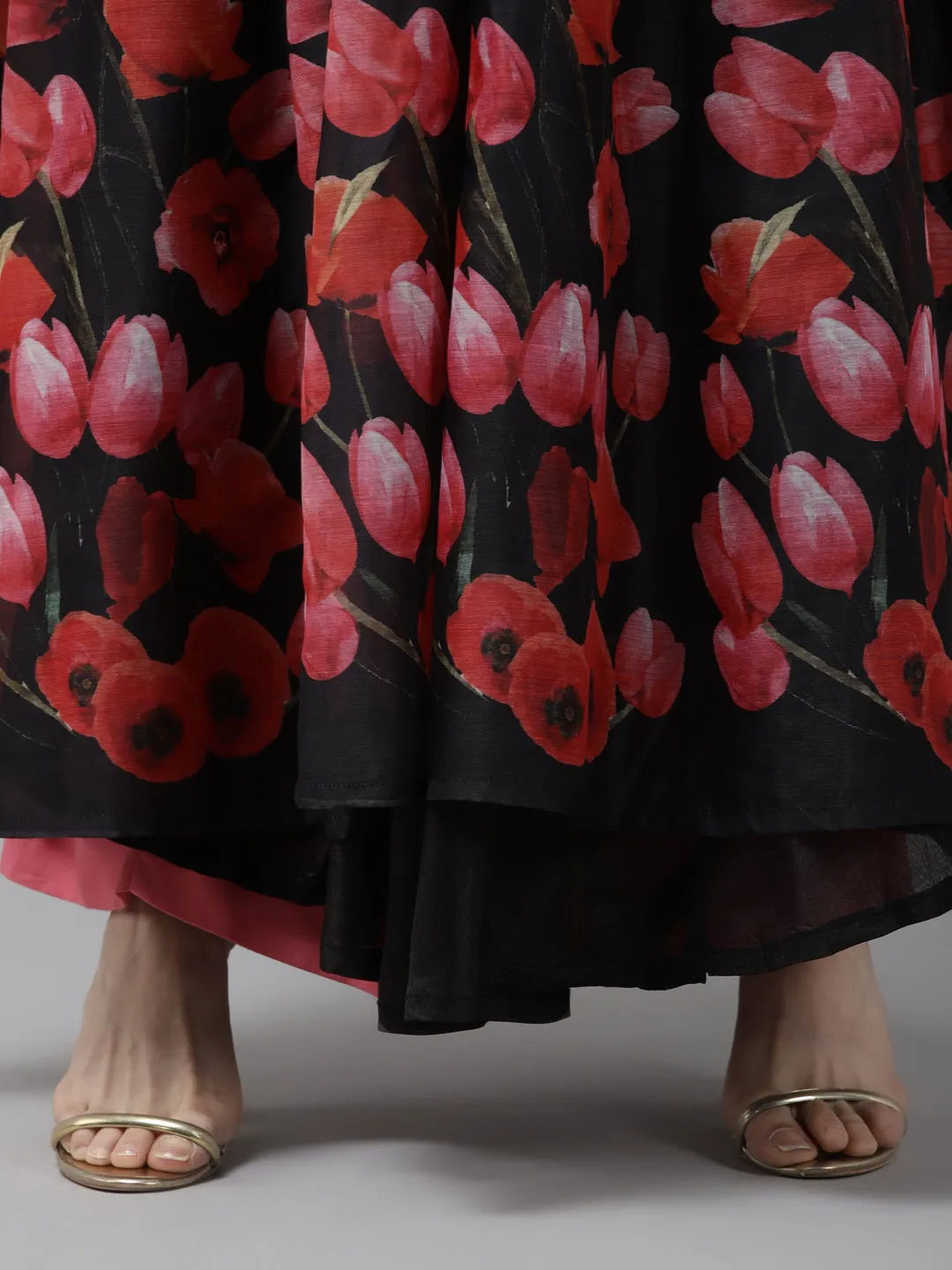 Black Floral Printed Chanderi Silk Anarkali Kurta With Dupatta
