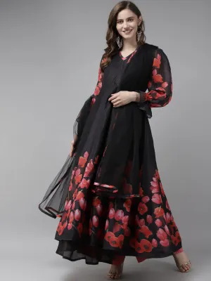 Black Floral Printed Chanderi Silk Anarkali Kurta With Dupatta