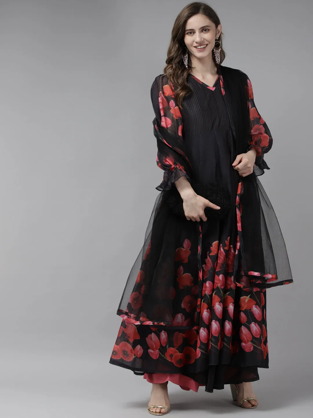 Black Floral Printed Chanderi Silk Anarkali Kurta With Dupatta