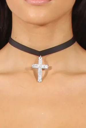 Black PU Cross Pendant Choker - Calia