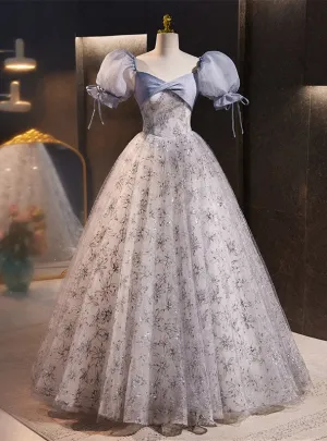 Blue Gray Tulle Sequins Puff Sleeve Prom Dress