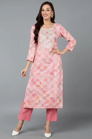 Cotton Blend Pink Printed Straight Kurta