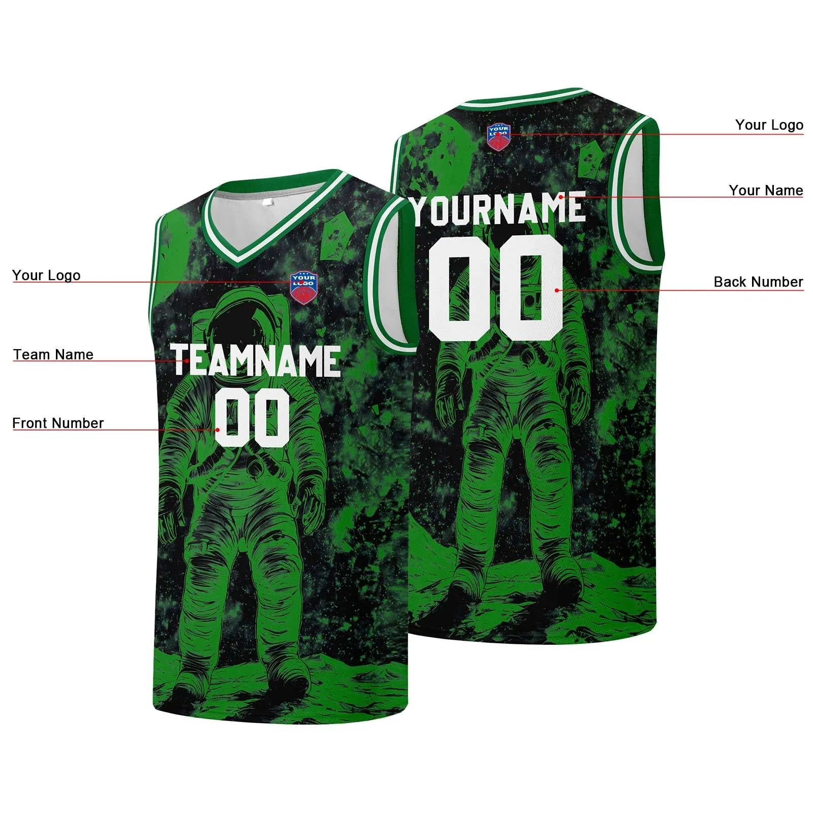 Custom basketball jersey for men and women. Stitched and printed name, number and logo Black&Green