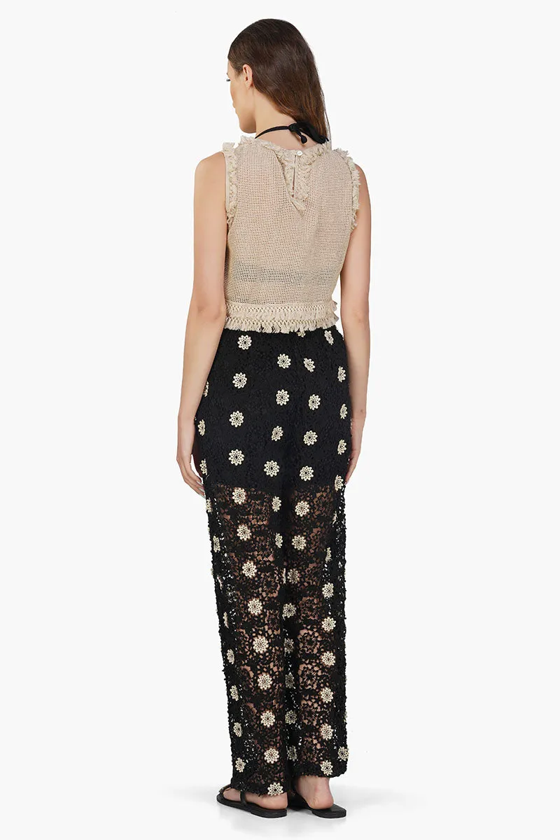 Floral Crochet Cut Out Black Pant