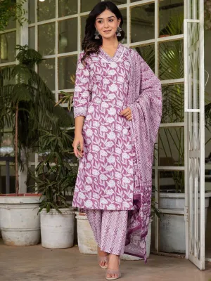 Floral Printed V-Neck Pure Cotton Straight Kurta Trousers & With Dupatta