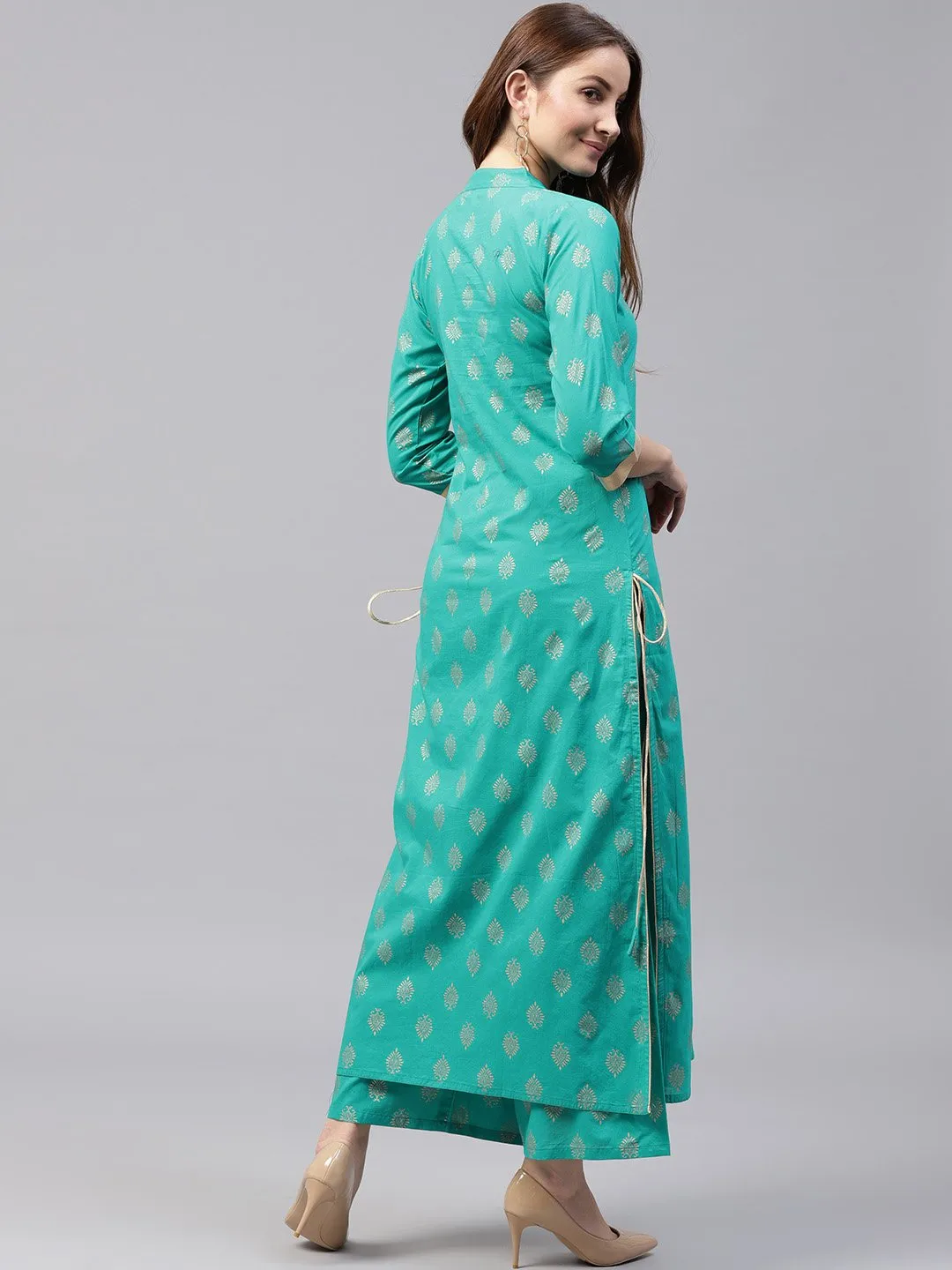 Green Printed 3/4Th Sleeve Cotton Kurta With Green Printed Ankle Length Palazzo