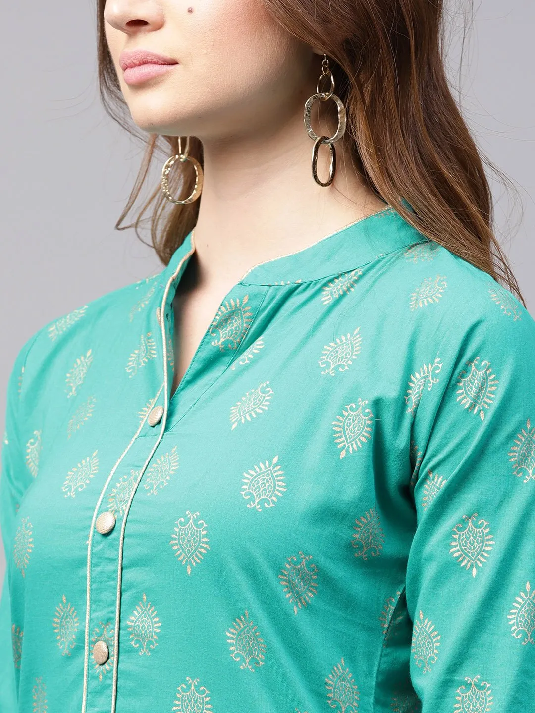 Green Printed 3/4Th Sleeve Cotton Kurta With Green Printed Ankle Length Palazzo