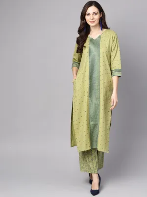 Green Printed 3/4Th Sleeve Cotton Kurta With Printed Palazzo