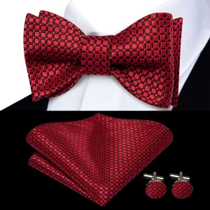 Hi-Tie Red Bowtie Black Jacquard Plaid Mens Tie Hanky Cufflinks Set