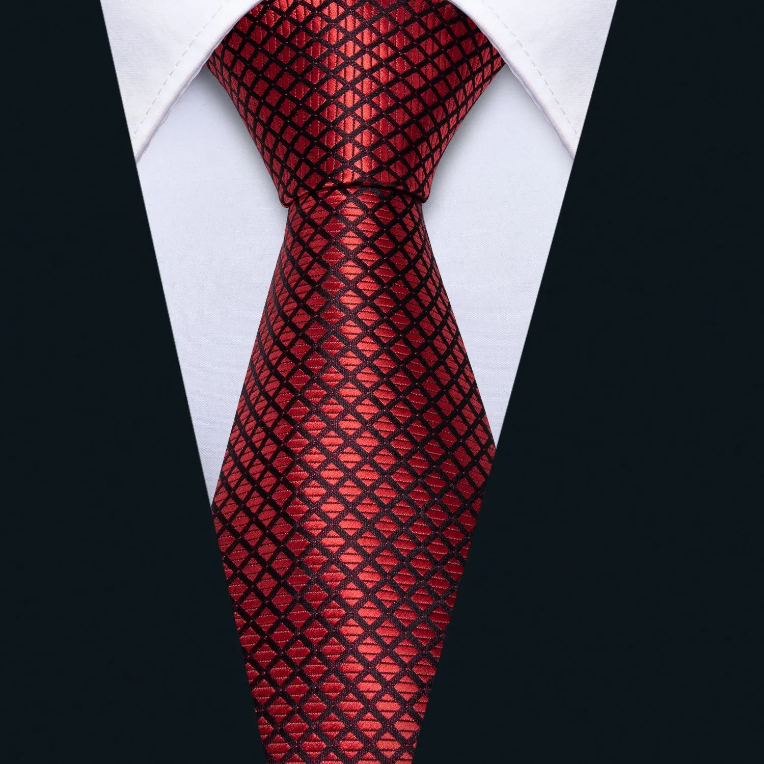 Hi-Tie Red Necktie Black Red Plaid Necktie Pocket Square Cufflinks Set