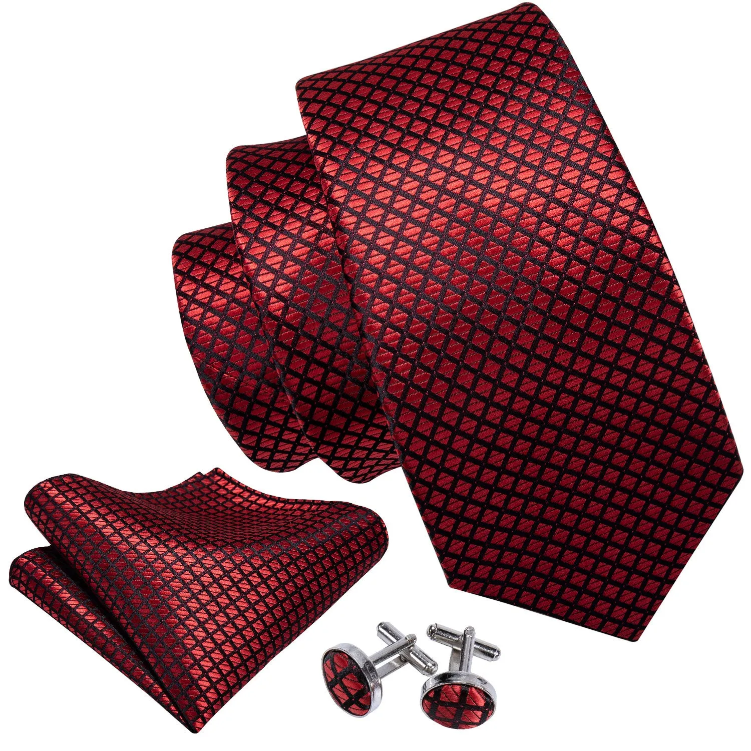 Hi-Tie Red Necktie Black Red Plaid Necktie Pocket Square Cufflinks Set