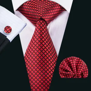 Hi-Tie Red Necktie Black Red Plaid Necktie Pocket Square Cufflinks Set