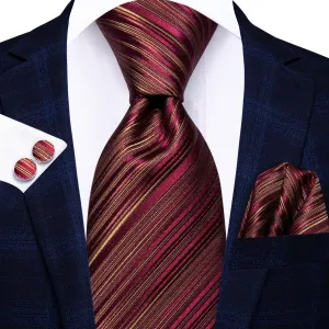 Hi-Tie Striped Wine Red Tie with Pocket Square and Cufflinks