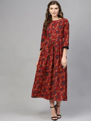 Maroon Multi Colored Floral Printed Dress With Round Neck & Detaied Pleated Sleeves