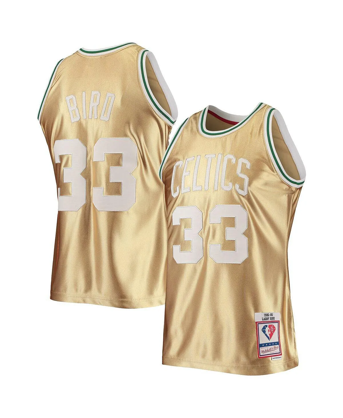 Men's T-shirt larry bird gold boston celtics 75th anniversary 1985-86 hardwood classics swingman jersey Mitchell & Ness