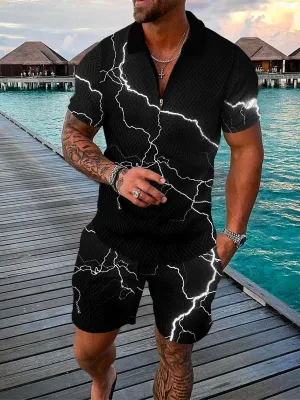 Men's Zip Lapel Shirt Set Fashion 3D Printed Short Sleeve