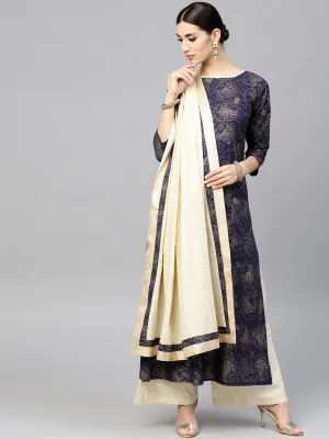 Navy Blue Kurta Set With Cream Palazzo And Dupatta