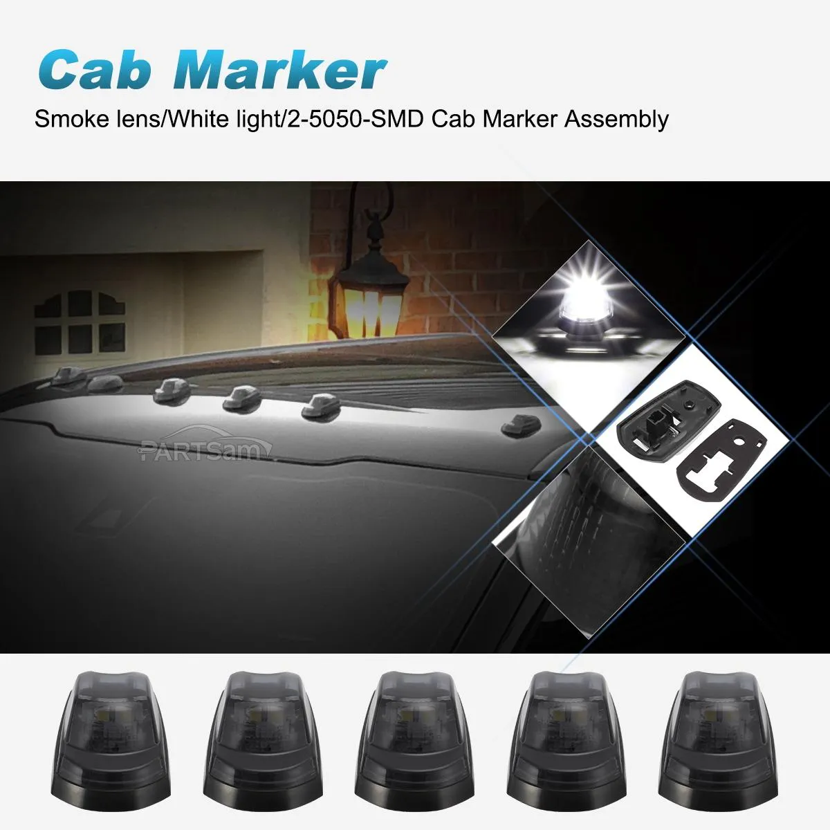 Partsam 5Pcs Smoke Lens Cab Marker Roof Running White LED Top Clearance Lights Assembly 9LED Compatible with Ford F250 F350 F450 F550 Cab Lights 2017 2018 2019 2020 2021 Super Duty 264343BK