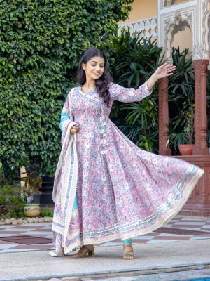 Pink Cotton Floral Printed Anarkali Kurta Pant Set With Dupatta