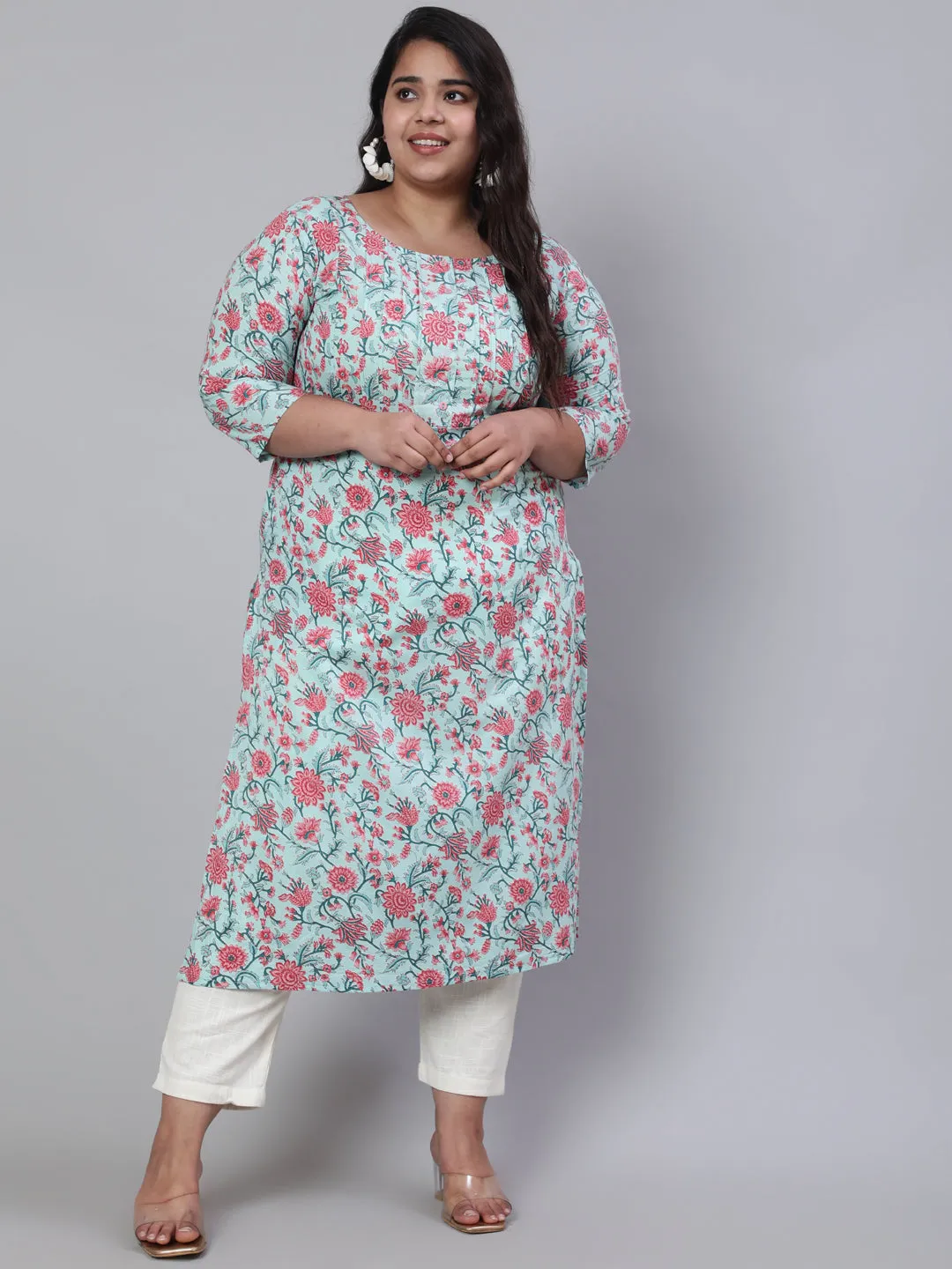 Plus Size Women Green Printed Straight Kurta With Three Quarters Sleeves