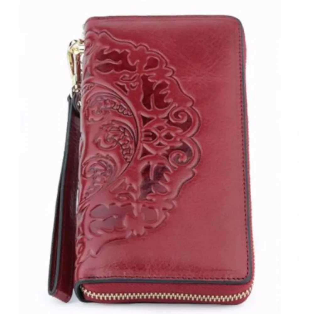 Red Leather Embossed Clutch Wallet