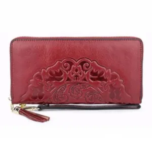 Red Leather Embossed Clutch Wallet