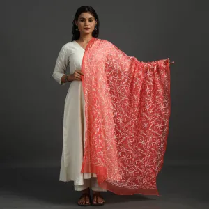 Red - Lucknow Chikankari Tepchi Embroidery Georgette Dupatta 06