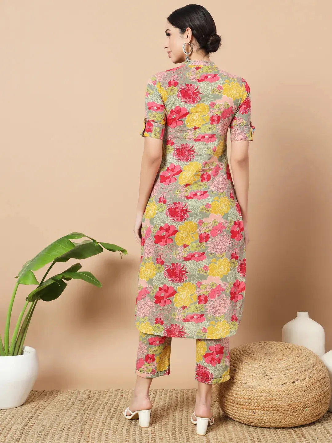 Sea Green Floral Printed Cotton Yoke Co-Ord Set