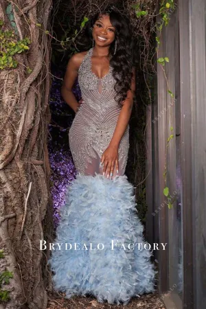 Sparkly Rhinestones Sleeveless Sky Blue Feathers Trumpet Prom Dress