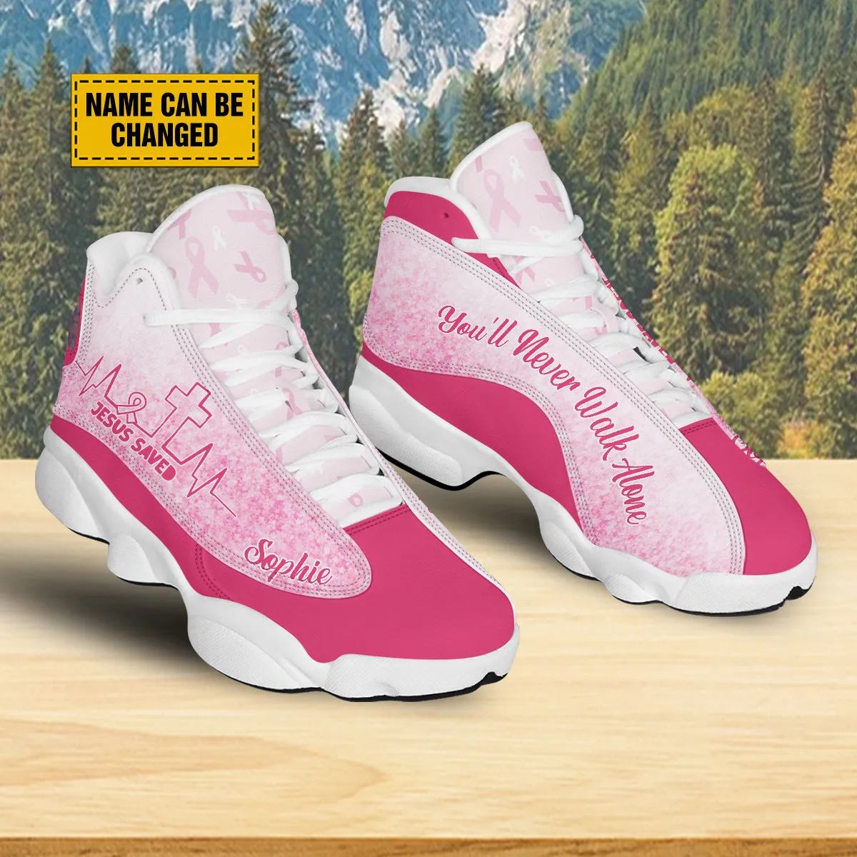 Teesdily | Breast Cancer Warrior Personalized Basketball Shoes Jesus Saved Heartbeat Running Shoes You'll Never Walk Alone Breast Cancer Support Gift