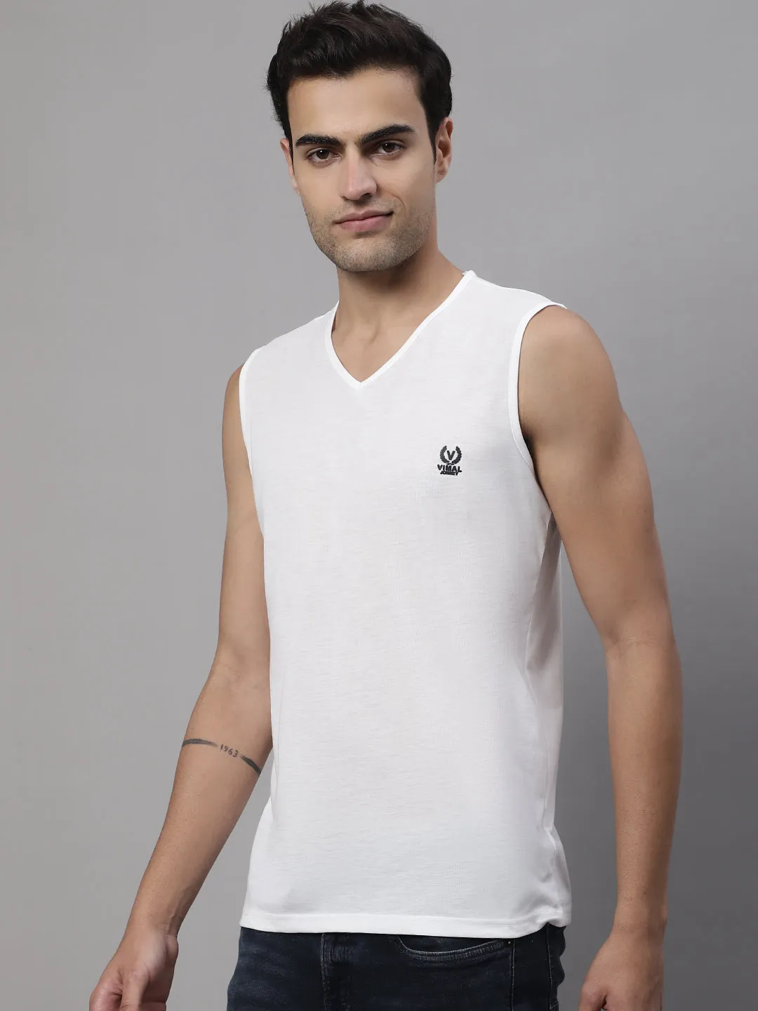 Vimal Jonney Regular Fit Cotton Solid White Gym Vest for Men