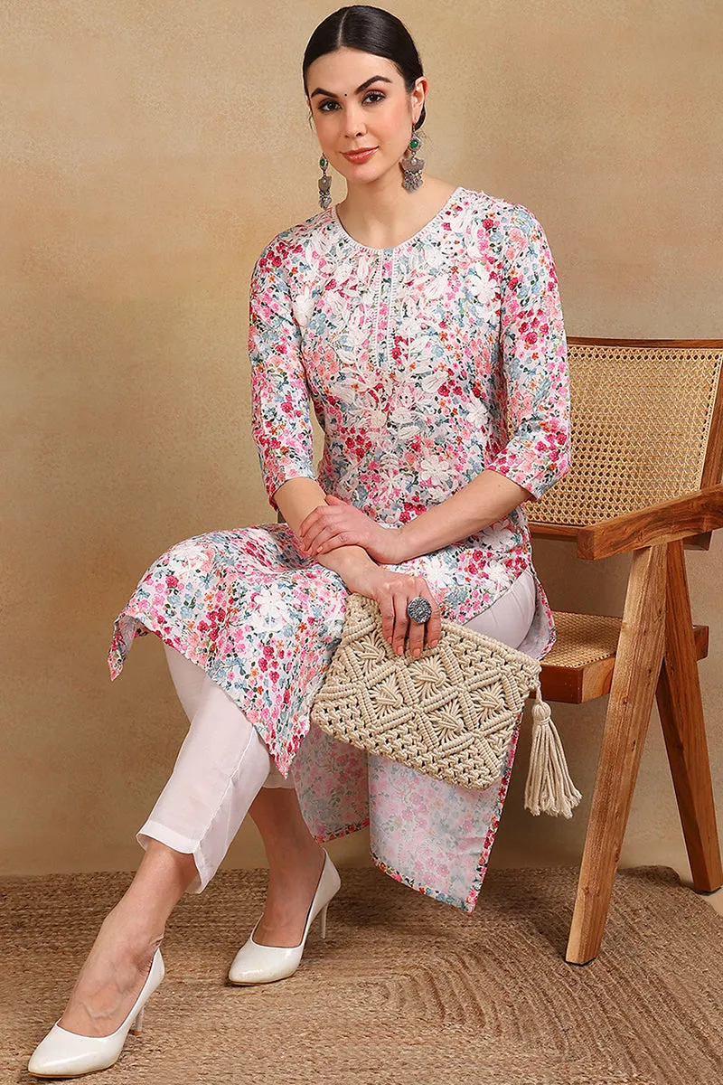 White Cotton Blend Embroidered Floral Printed Straight Kurta