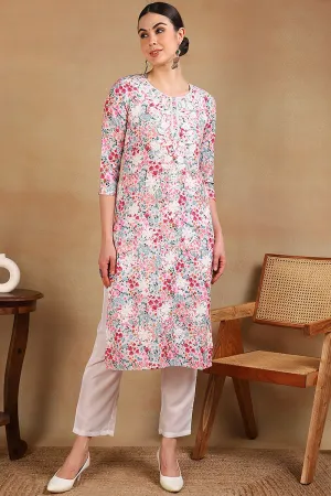 White Cotton Blend Embroidered Floral Printed Straight Kurta