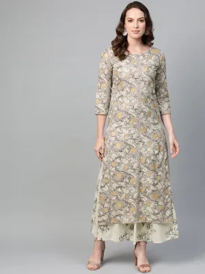 Women Grey & Cream Straight Floral Printed Kurta And Skirt Set