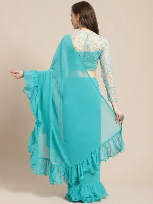 Women Sky Blue Ruffled Saree With Blouse