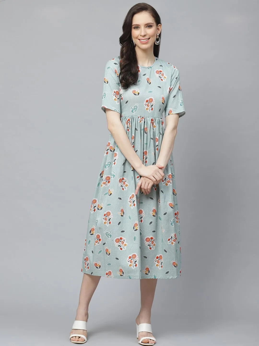 Women Turquoise Blue Floral Printed Round Neck Cotton A-Line Dress