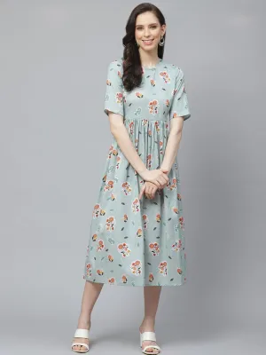 Women Turquoise Blue Floral Printed Round Neck Cotton A-Line Dress