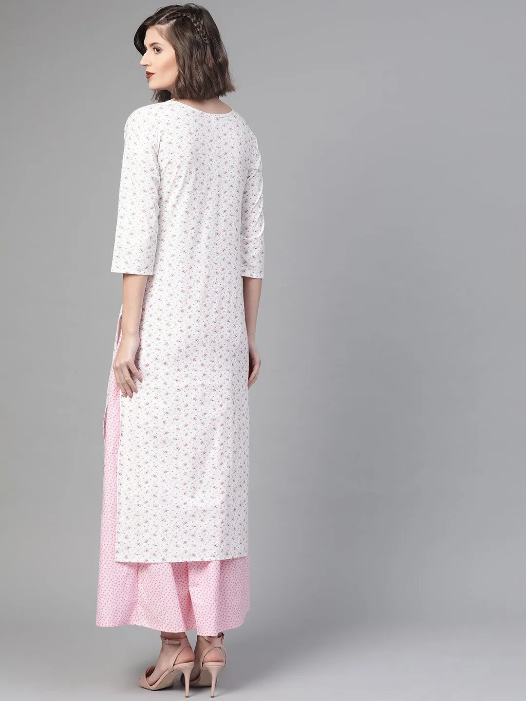 Women White & Pink  Straight Floral Printed Kurta And Skirt Set