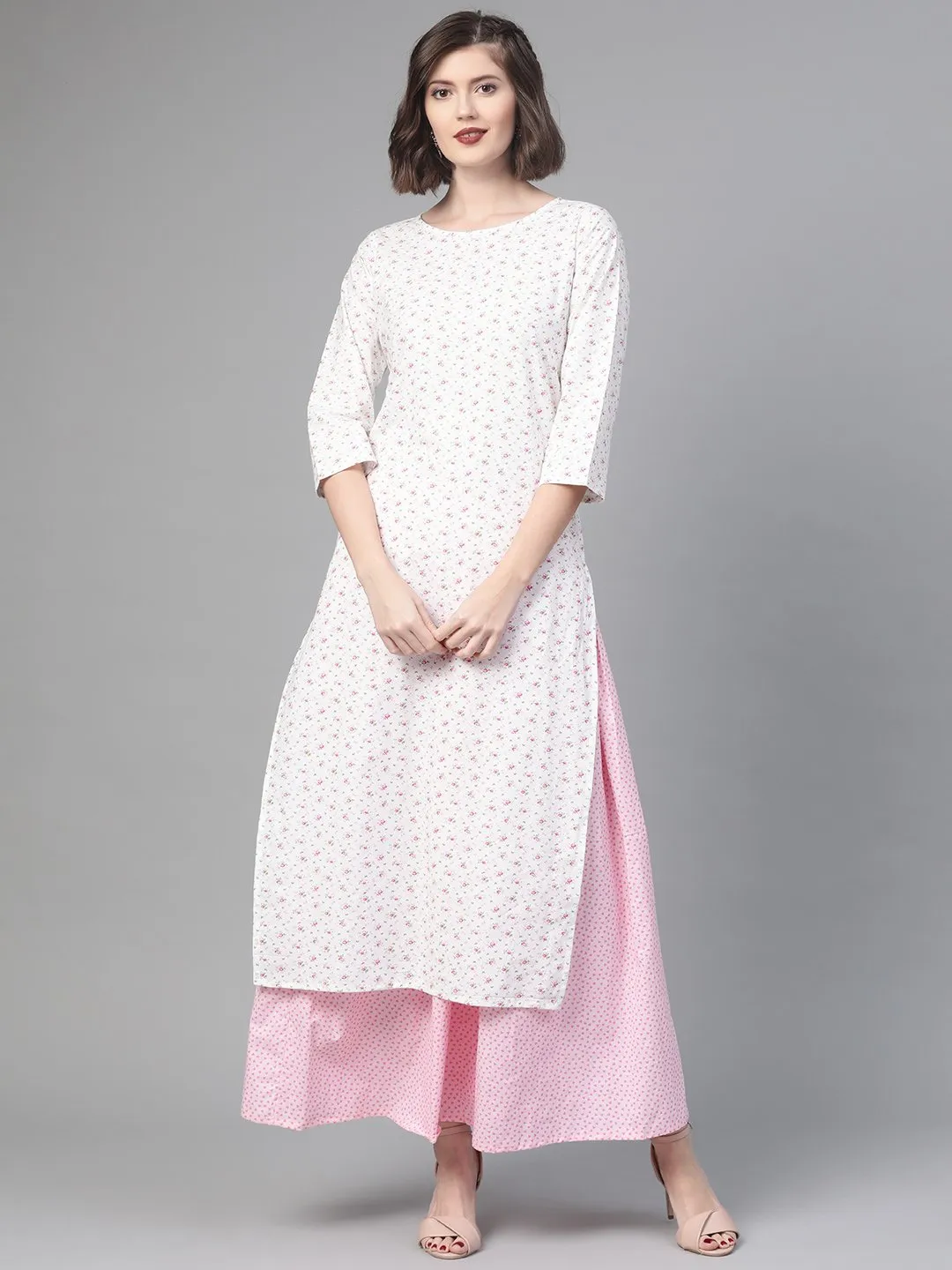 Women White & Pink  Straight Floral Printed Kurta And Skirt Set