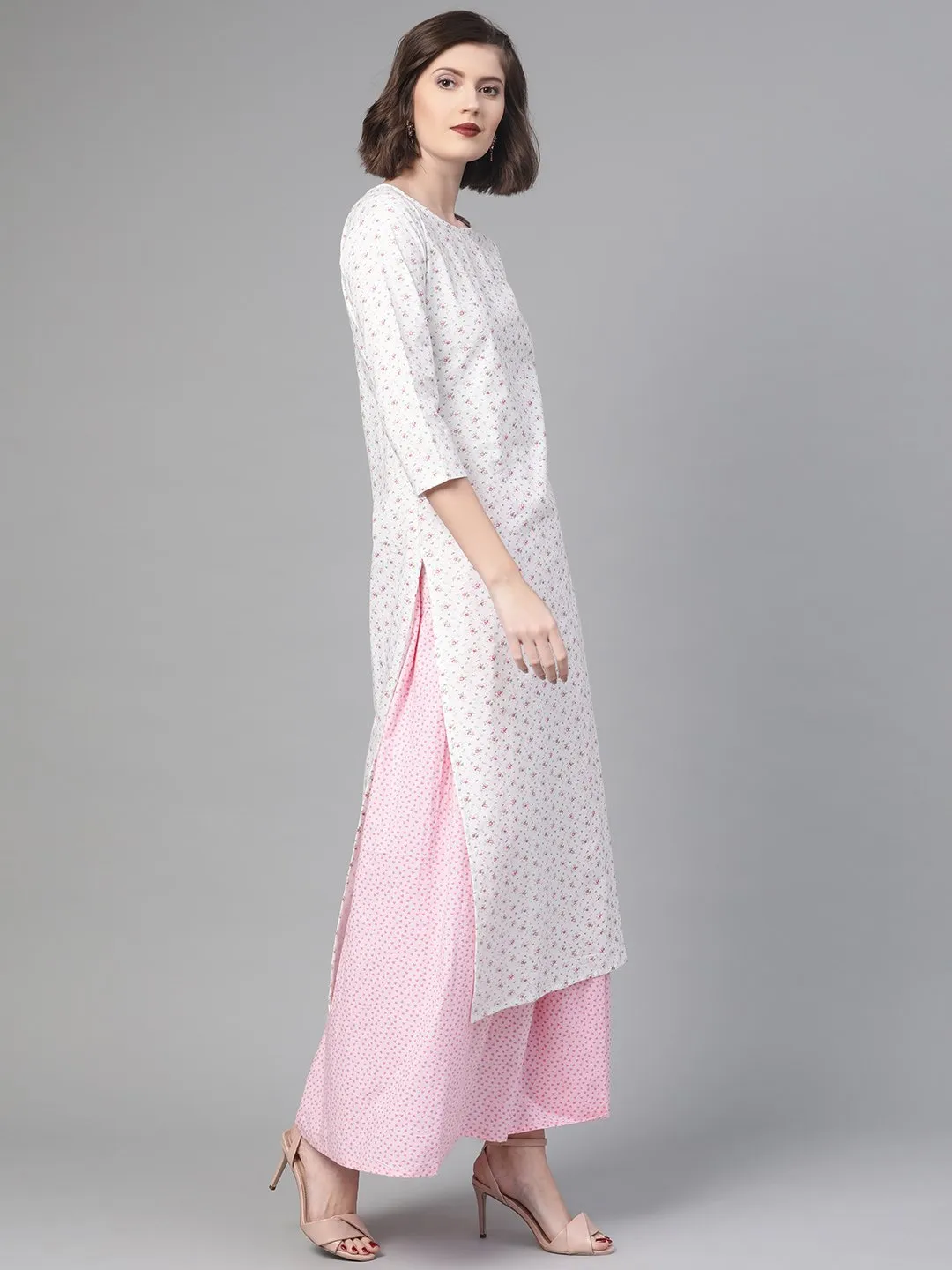 Women White & Pink  Straight Floral Printed Kurta And Skirt Set