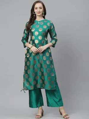 Women'S Teal Green & Golden Woven Design Kurta With Palazzos