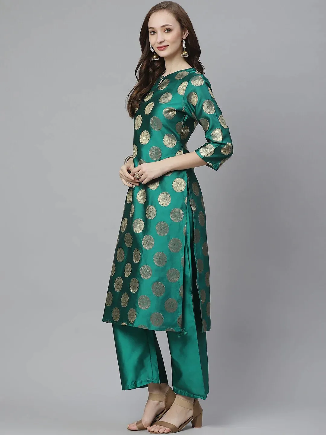 Women'S Teal Green & Golden Woven Design Kurta With Palazzos